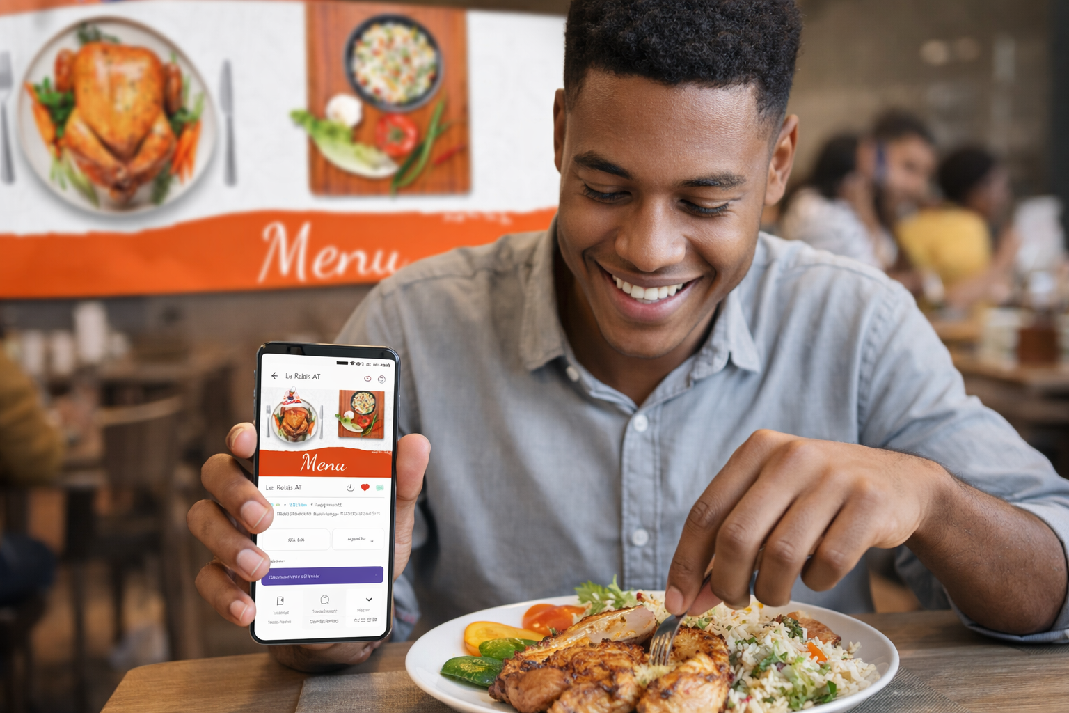 Biova app preview showing restaurants and dining options